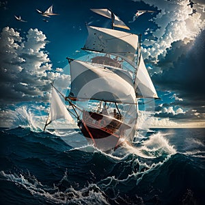 : A sailing ship sailing in a storm,denger bad scence